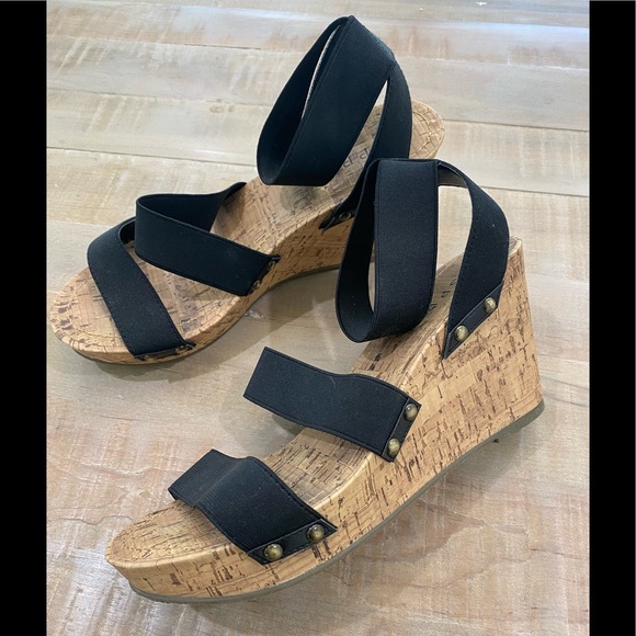 ESPIRIT black espadrille platform slide on wedge cork heel shoes - Picture 2 of 12